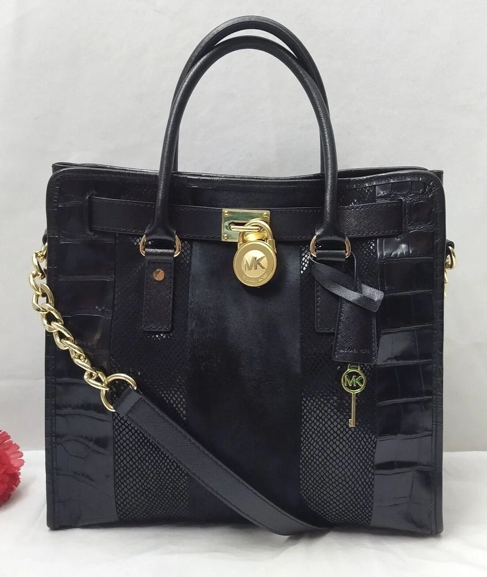 Michael Kors Hamilton Mixed Media Haircalf Black Leather Croc Embossed Tote Bag